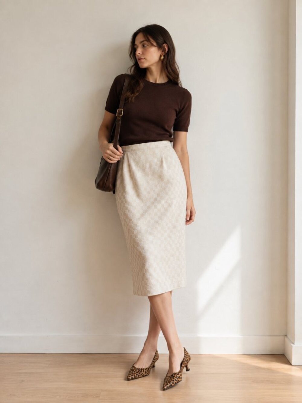Vintage Christopher Linen Blend Checkerboard Midi Skirt | Best Fit 6/8